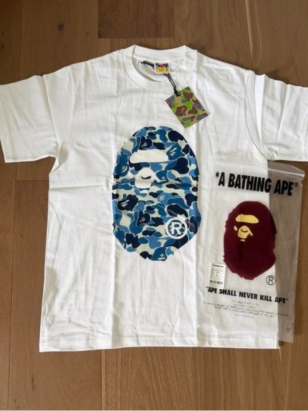 Bape White Short Sleeve Tee with Blue Camo Ape Head